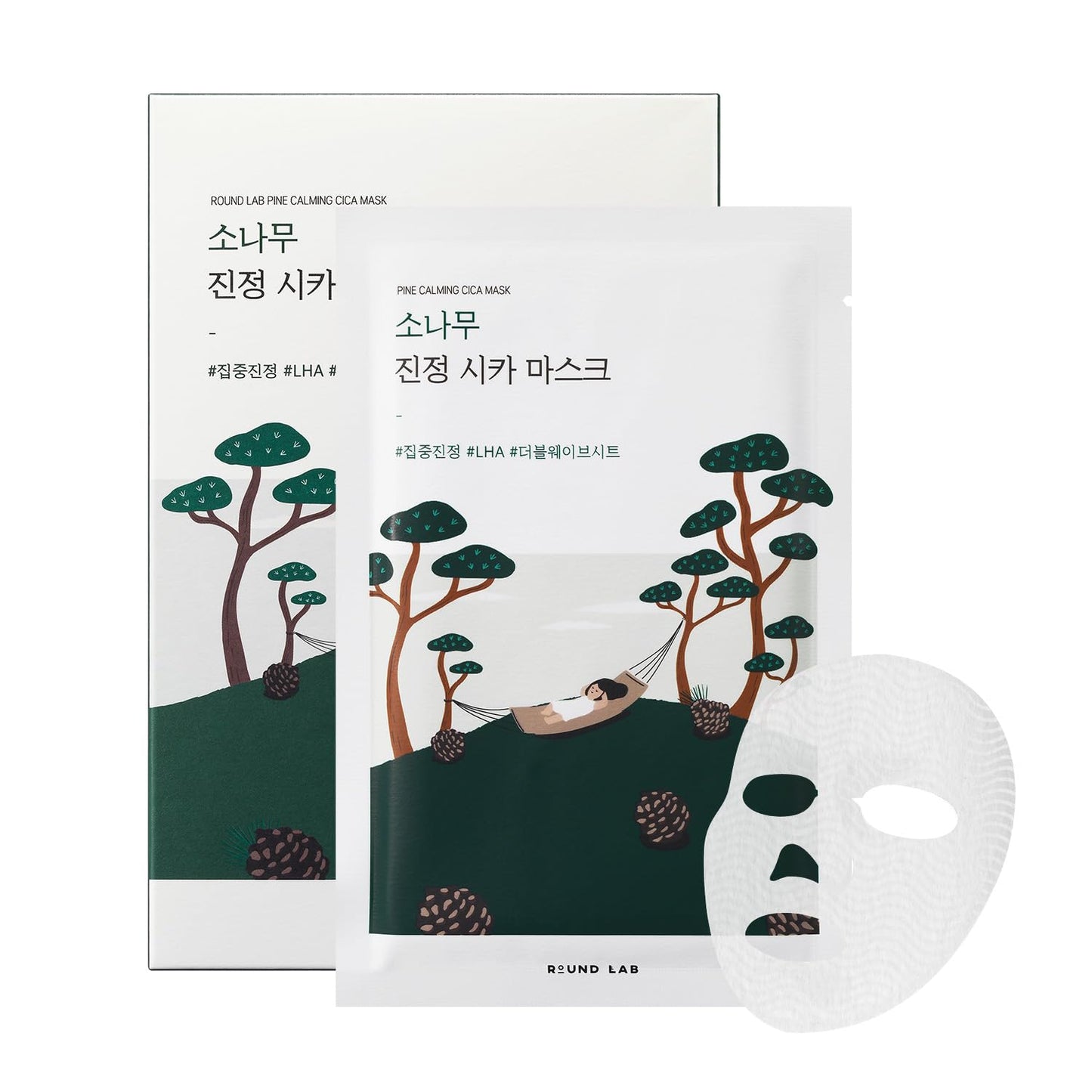 ROUND LAB Pine Calming Cica Sheet Mask 10ea, Cooling and Soothing Mask for Heated, Acne-Prone Skin, Double-Waved Air Hole Design for Extra Hydration with Pine Cica and Hyaluronic Acid, Korean Skincare