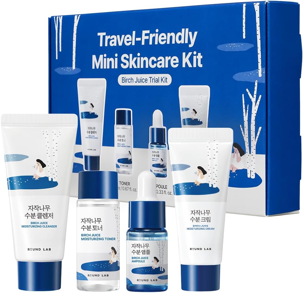 ROUND LAB Birch Juice Moisturizing Trial Kit, 4-Step Travel Size Skincare Set (Cleanser, Toner, Ampoule, Cream) | Korean Moisturizer, Hydrating Routine | Soothing Care for Acne-Prone, Sensitive Skin