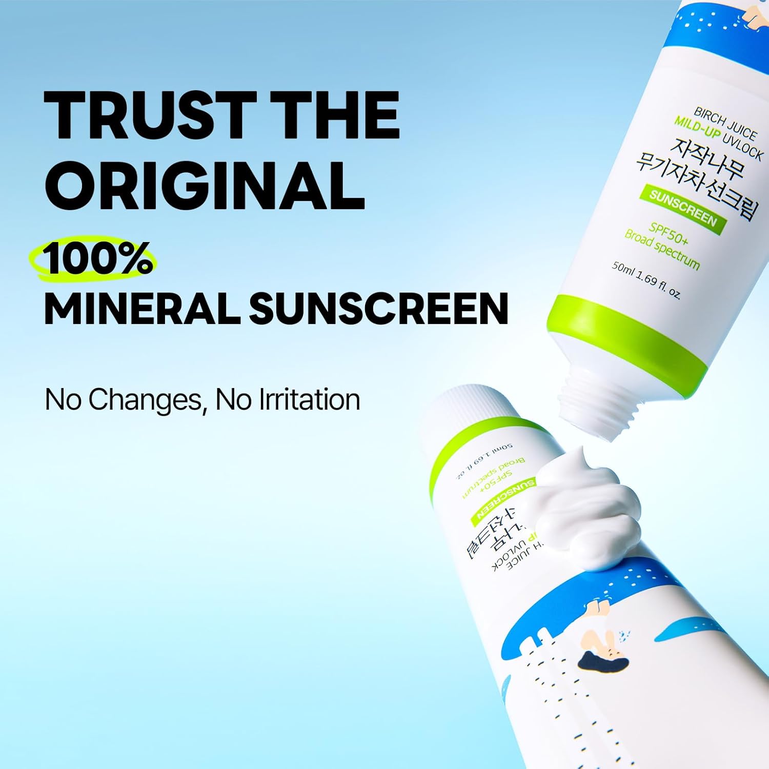 ROUND LAB Birch Juice Moisturizing + Mild-up Sunscreen UV LOCK Set 1.69 Fl Oz SPF 45, Mineral sunscreen for Sensitive Skin, Korean Summer Sunscreen Gift Set