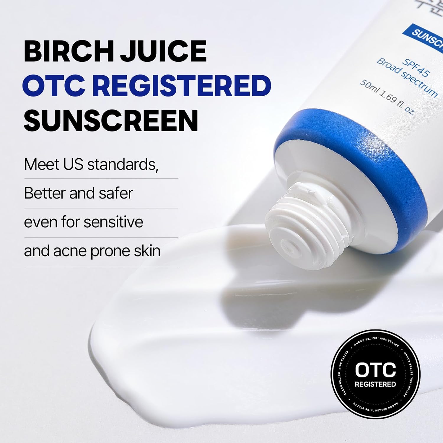 ROUND LAB Birch Juice Moisturizing + Mild-up Sunscreen UV LOCK Set 1.69 Fl Oz SPF 45, Mineral sunscreen for Sensitive Skin, Korean Summer Sunscreen Gift Set