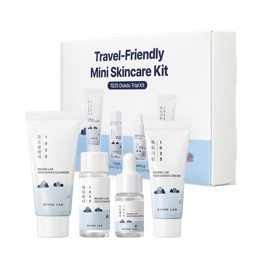 ROUND LAB 1025 DOKDO TRIAL KIT (Cleanser 30ml + Toner 20ml + Ampule 10ml + Cream 20ml) Deep Sea Water for Moisturization, Soft Finish Without Stickiness, Korean Skin Care