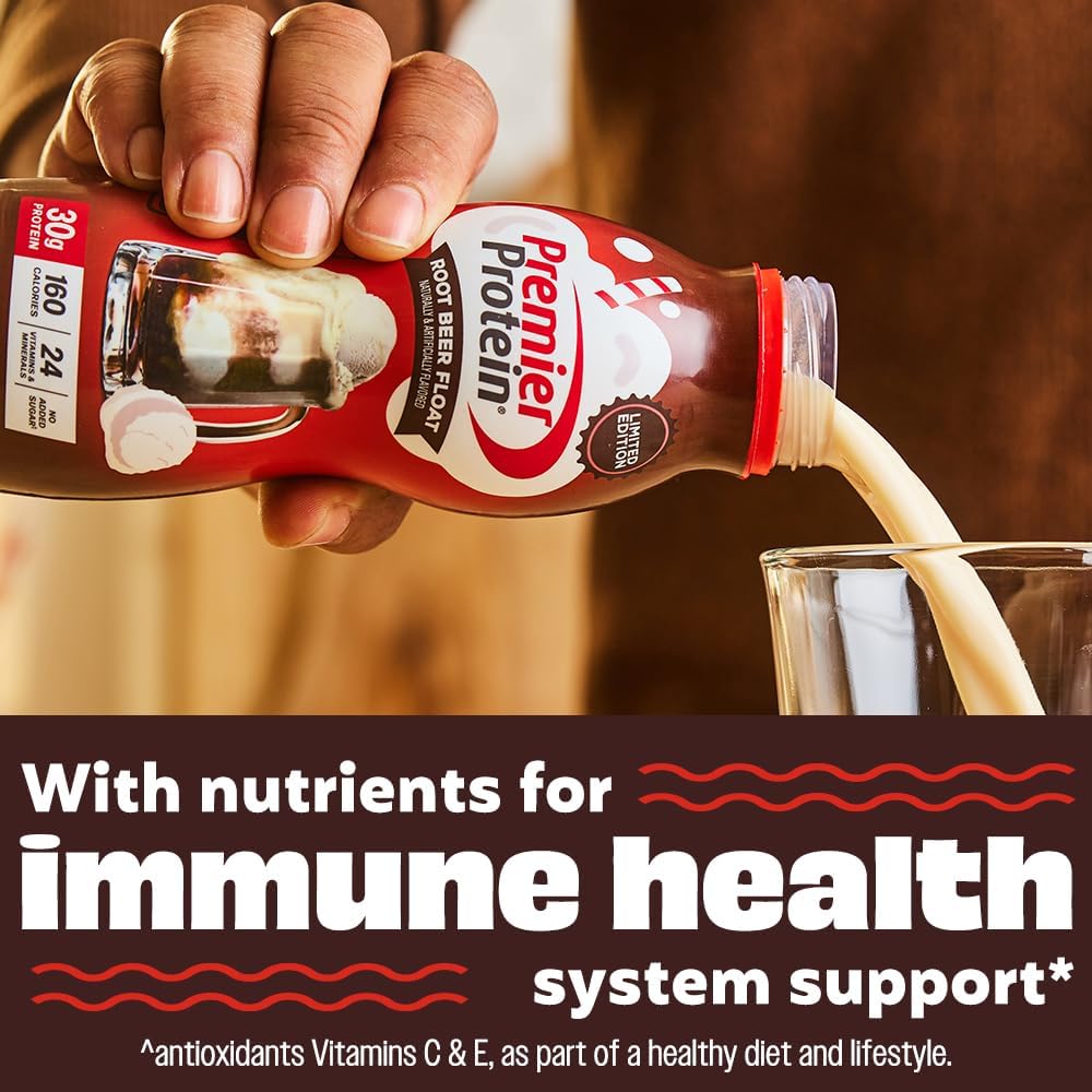 Premier Protein Shake, Limited Edition Root Beer Float, 30g Protein, 1g Supar, 24 Vitamins & Minerals, Nutrients to Support Immune Health, 11.5 oz, 12 Pack - Artwork Case, Packaging May Vary