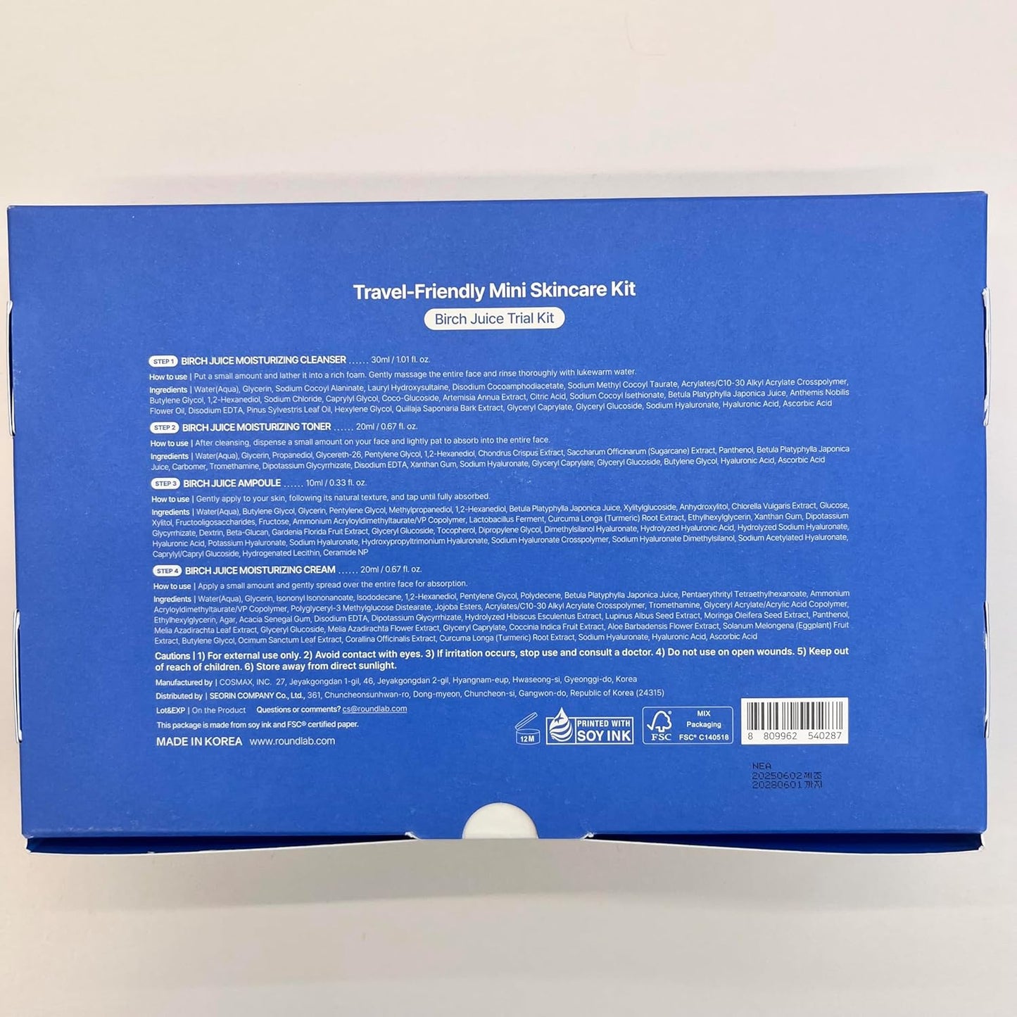 ROUND LAB Birch Juice Moisturizing Trial Kit, 4-Step Travel Size Skincare Set (Cleanser, Toner, Ampoule, Cream) | Korean Moisturizer, Hydrating Routine | Soothing Care for Acne-Prone, Sensitive Skin