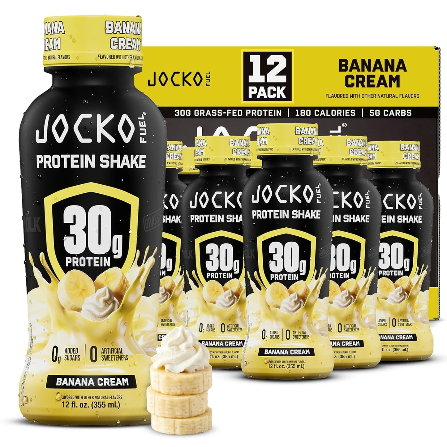 Jocko Mölk 30g Grass Fed Protein Shakes – No Added Sugar Protein Drinks KETO Friendly - Ready to Drink 12 FL Oz (Pack of 12) Banana Cream