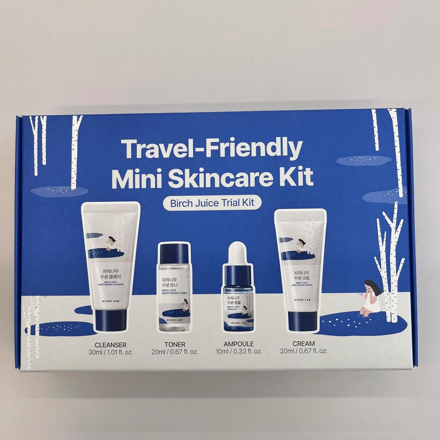 ROUND LAB Birch Juice Moisturizing Trial Kit, 4-Step Travel Size Skincare Set (Cleanser, Toner, Ampoule, Cream) | Korean Moisturizer, Hydrating Routine | Soothing Care for Acne-Prone, Sensitive Skin